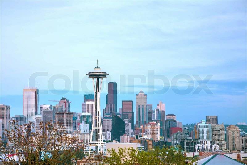 Downtown Seattle as seen from the Kerry park in the evening, stock photo