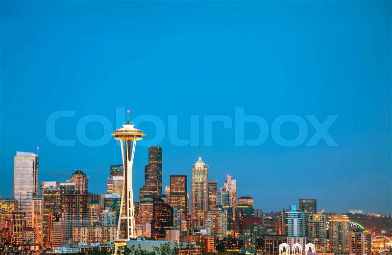 Downtown Seattle as seen from the Kerry park in the night, stock photo