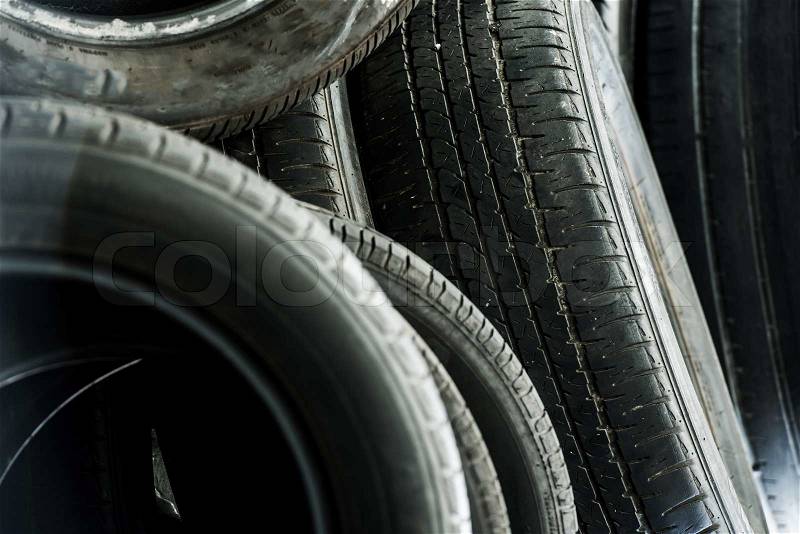 Old Used Tires Pile. Pile of Used Car Tires Closeup Photo, stock photo
