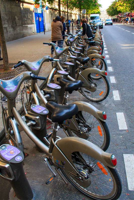 PARIS, FRANCE - Mai 3, 2014: Bicycle hire, everyone can rent a bicycle at the time, stock photo