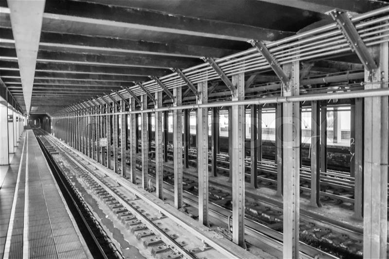 New York subway station and railway. Empty metro station in NYC, stock photo