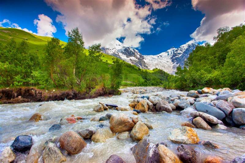 Beautiful landscape with mountain stream. Georgia, Svaneti, stock photo