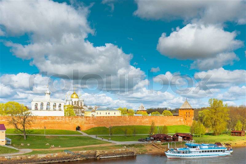 View of the Novgorod Kremlin on a sunny afternoon, stock photo