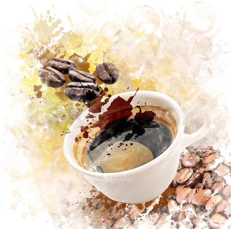 Watercolor Digital Painting Of Morning Coffee Cup, stock photo