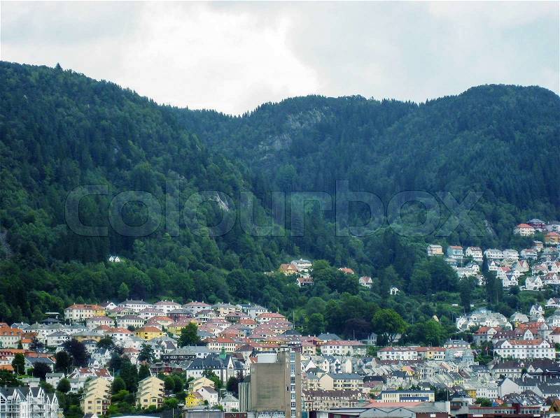 BERGEN - JUNE 29, 2007: City view on a beautiful summer evening. Seven million people visit the norway city every year, stock photo