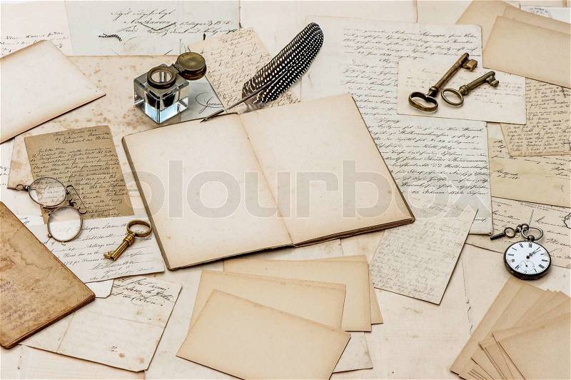 Old letters, antique accessories and office tools. nostalgic sentimental paper background, stock photo