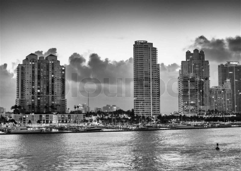 Miami, Florida. Dawn colors over city skyline, stock photo