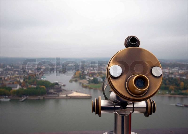 Coin-Operated binoculars high up over Rhine and Mosel Rivers in Germany, stock photo