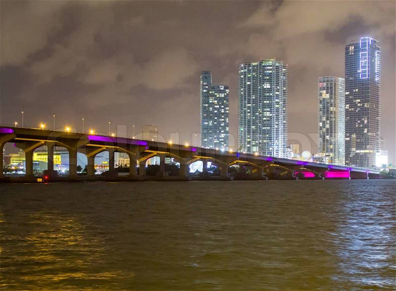 Bridge lit up at night, Miami, Miami-Dade County, stock photo