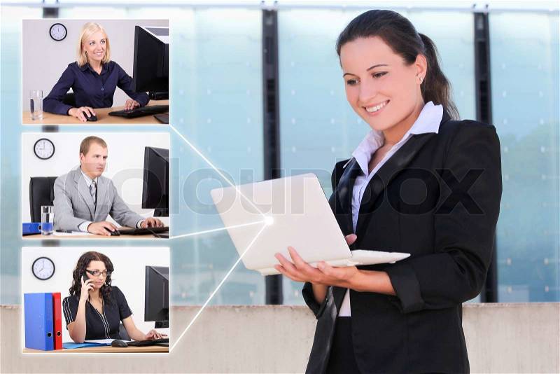 Social network concept - business woman and her partners or collegues, stock photo