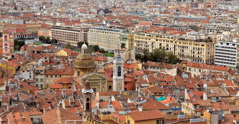 NICE, FRANCE - APRIL 29: Wonderful panoramic view with colorful historical houses of the old city on April 29, 2013 in Nice, France, stock photo