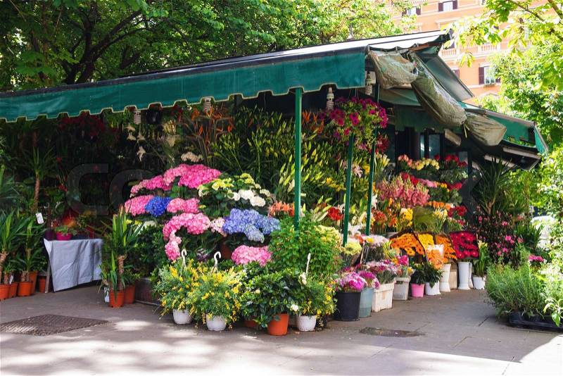 Shop on sale of flowers in the Italian city, stock photo