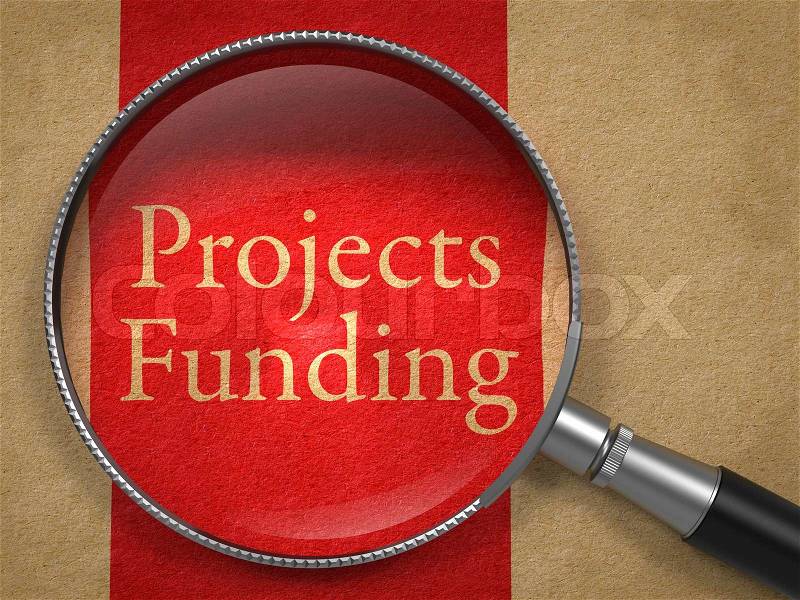 Projects Funding through Magnifying Glass on Old Paper with Red Vertical Line, stock photo