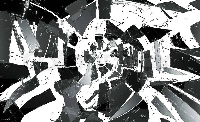 Pieces of demolished or Shattered glass isolated on white, stock photo