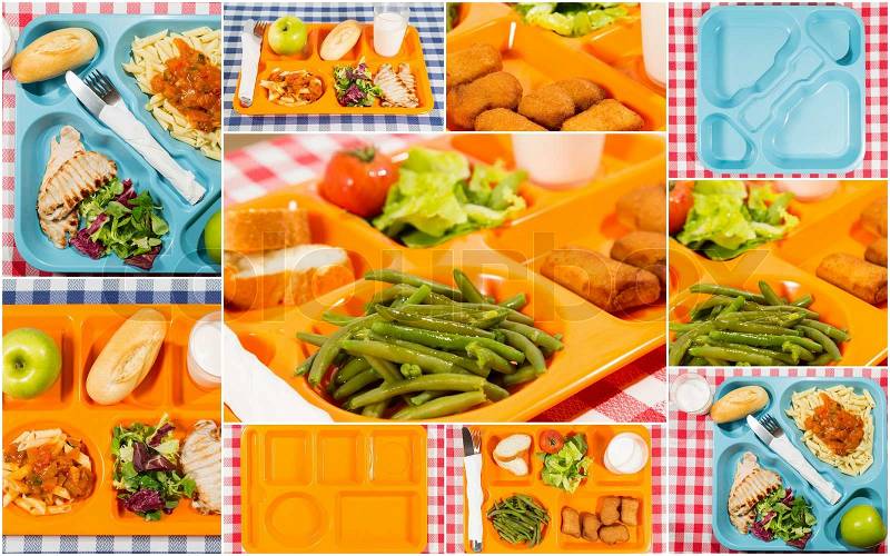 Tray of food for school meals, stock photo