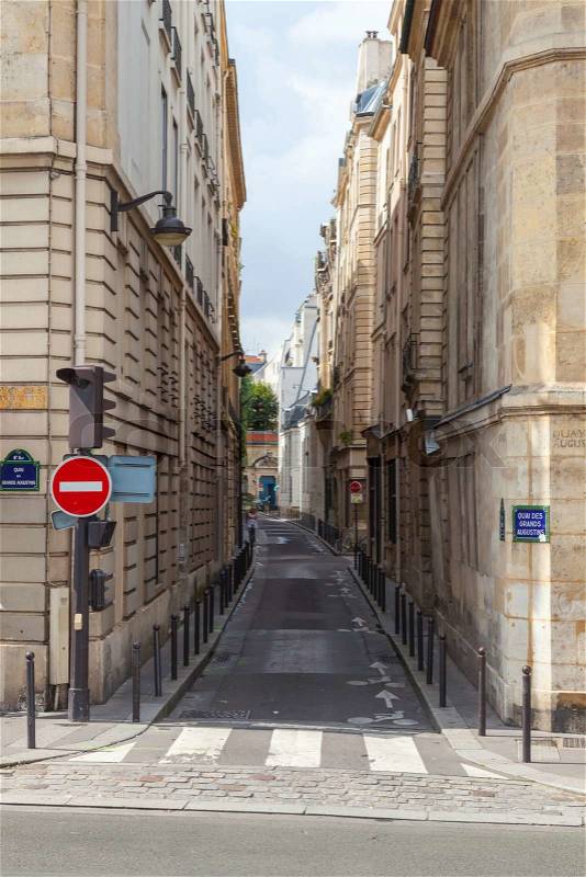 Narrow street perspective, Rue Seguier, Paris, France, stock photo