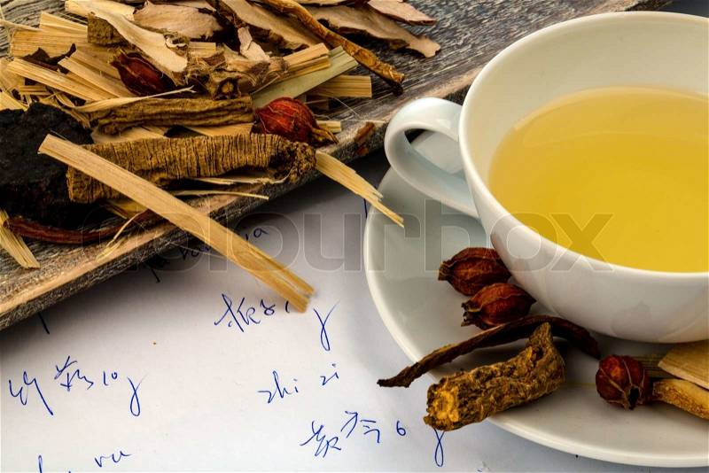Ingredients for a cup of tea in the traditional chinese medicine. cure of diseases by alternative methods, stock photo