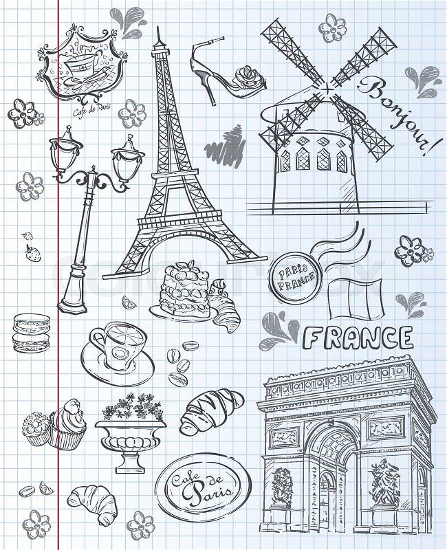 Set of images of various attractions, Paris, FranceSet of images of various attractions, Paris, France. black contour, vector