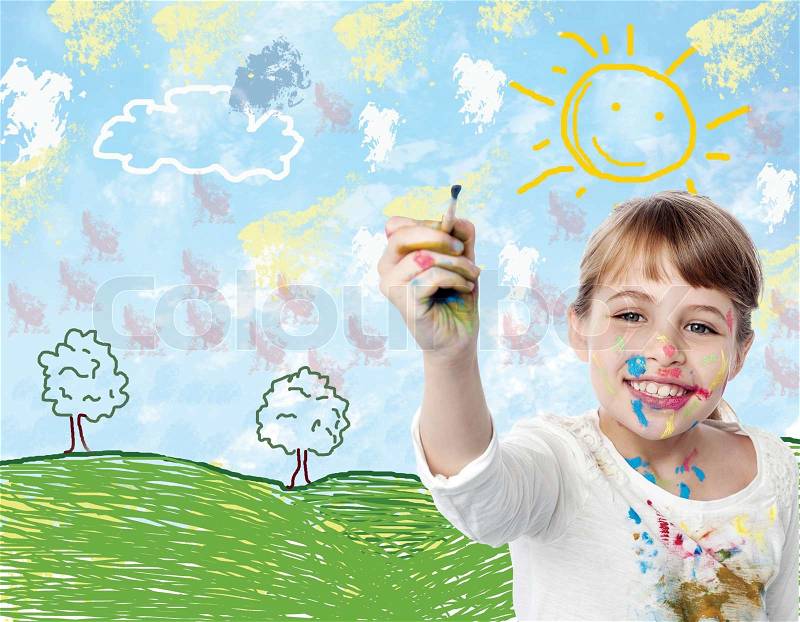 Cute little girl with brush, picture of landscape, stock photo