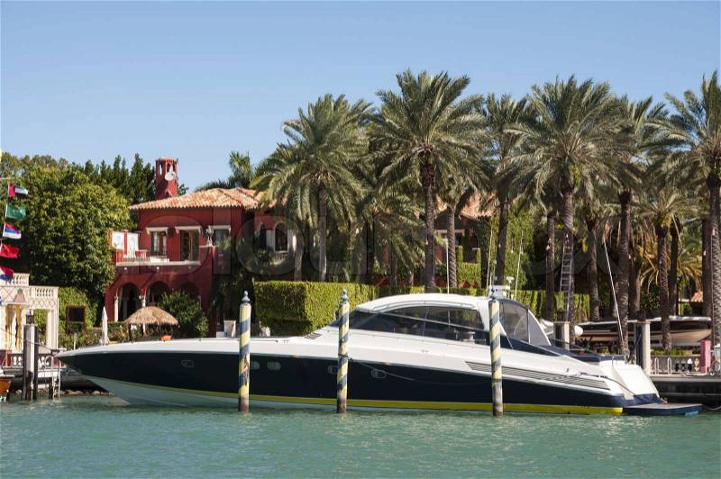 Luxury motor yacht on Star Island in Miami, Florida, USA, stock photo