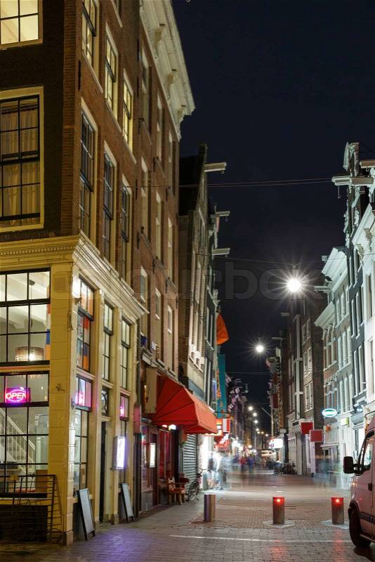 Night city view of Amsterdam street and typical houses, Holland, Netherlands. , stock photo