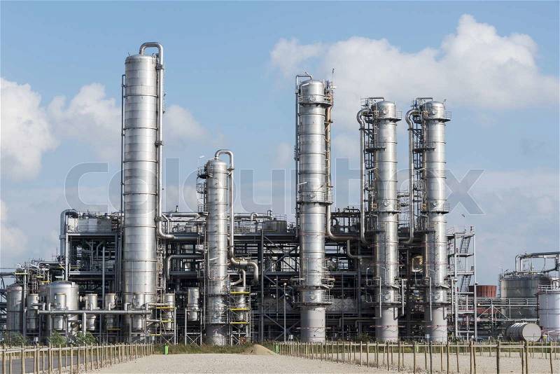 Chemical oil plant equipment petrol distillery skyline, stock photo