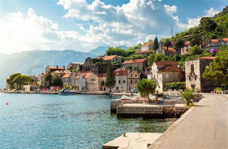 Beautiful view on city of Perast at Kotor bay at sunny day, Montenegro, stock photo