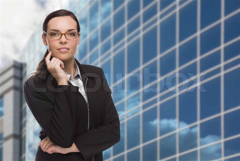 Confident Attractive Mixed Race Woman in Front of Corporate Building Outside, stock photo