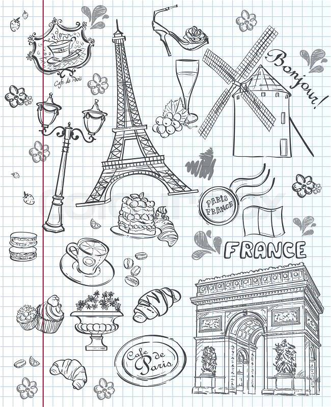 Set of images of various attractions, Paris, FranceSet of images of various attractions, Paris, France. Black contour, vector
