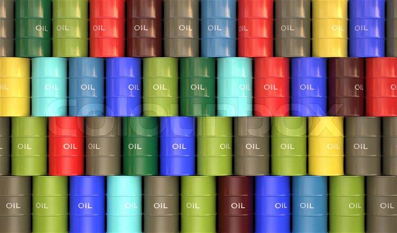 Several colored oil barrels stacked to form a wall, stock photo