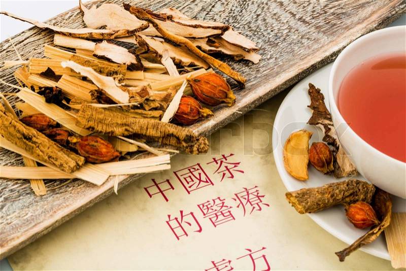 Ingredients for a cup of tea in the traditional chinese medicine. cure of diseases by alternative methods, stock photo