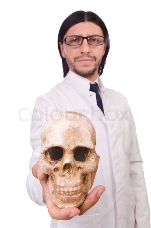 Funny teacher with skeleton isolated on white, stock photo