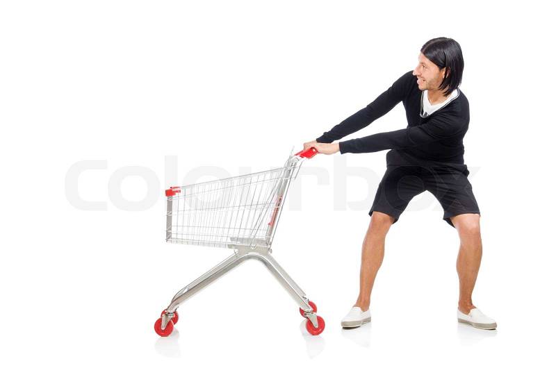 Man shopping with supermarket basket cart isolated on white, stock photo