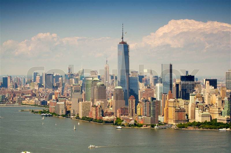 Cityscape view of Lower Manhattan as seen from helicopter, New York City, USA, stock photo