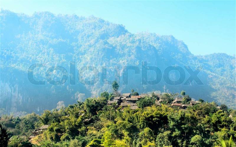 The Refugee House made from Wood,Bamboo and Leaf Roof at Refugee Camps in the North of Thailand, stock photo