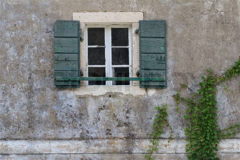 Window with open green shutters on old stone wall of the house and climbing vines. close-up , stock photo