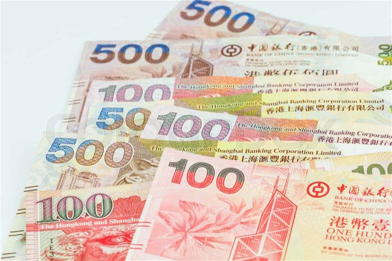Hong Kong dollars on white background, stock photo