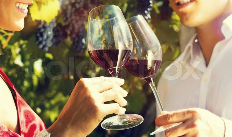 Woman and man standing at vineyard and drinking wine at sunshine and smiling, stock photo