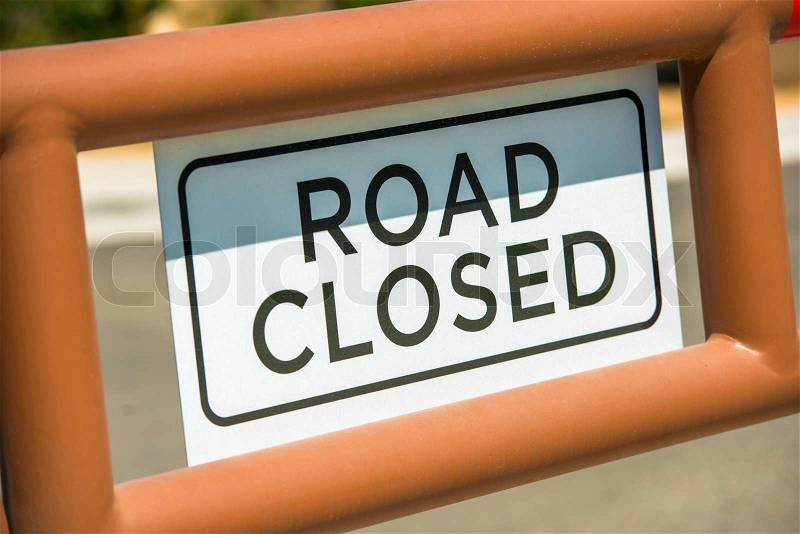 Road Closed Sign on the Metal Gate. Sign Closeup, stock photo