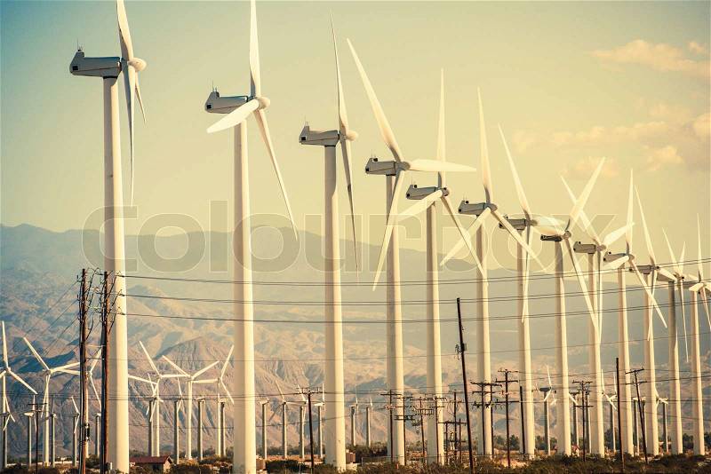 Conversion of Wind Energy. Wind Turbines at Coachella Valley Wind Farm, stock photo