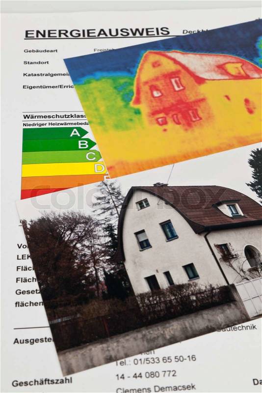 Save energy through insulation. house with thermal imaging camera photographed, stock photo