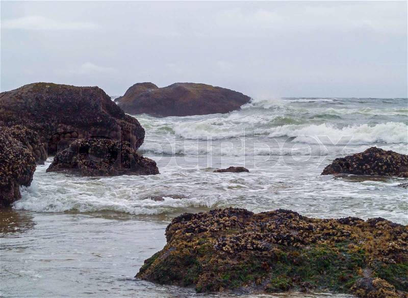 High Tide Coming in on the Oregon Coast at Ecola Beach, stock photo