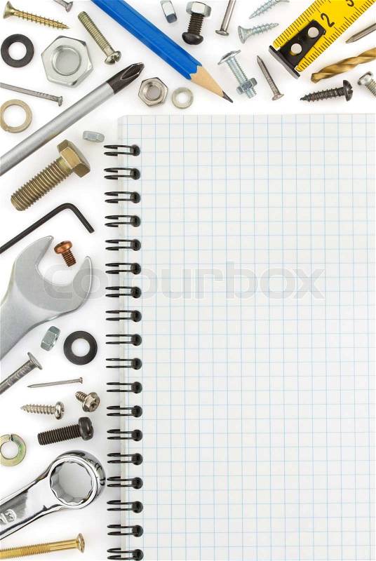 Notebook and hardware tools isolated on white background, stock photo