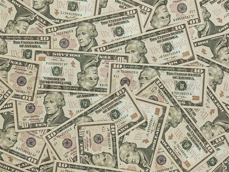 A Pile of Ten Dollar Bills as a Money Background, stock photo