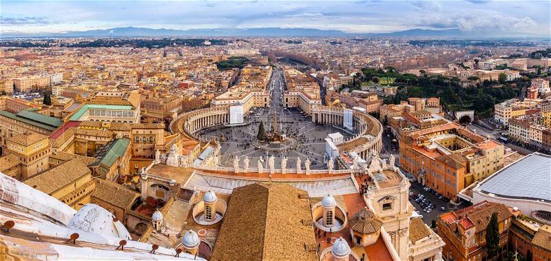 Rome, Italy. Famous Saint Peter's Square in Vatican and aerial view of the city, stock photo