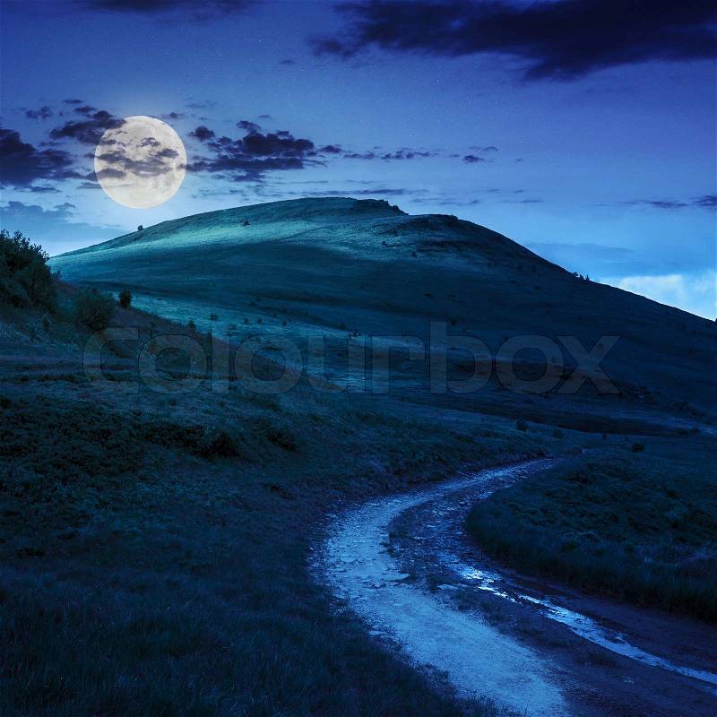 Summer landscape. mountain path through the field turns uphill to the sky at night in moon light, stock photo