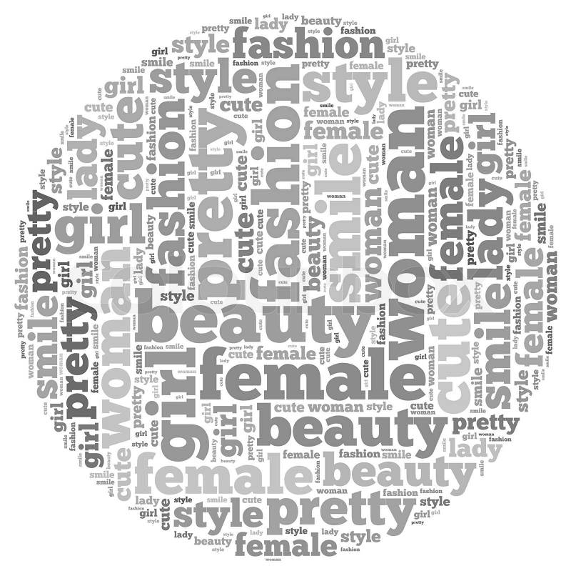 Female info-text graphics and arrangement concept on white background (word cloud), stock photo