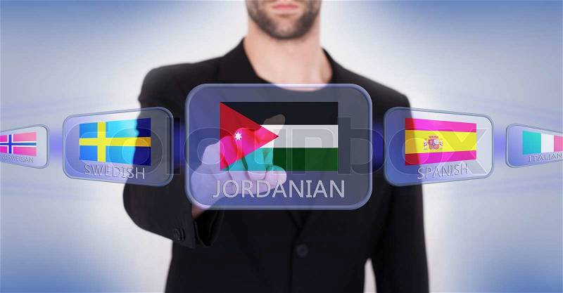 Hand pushing on a touch screen interface, choosing language or country, Jordan, stock photo