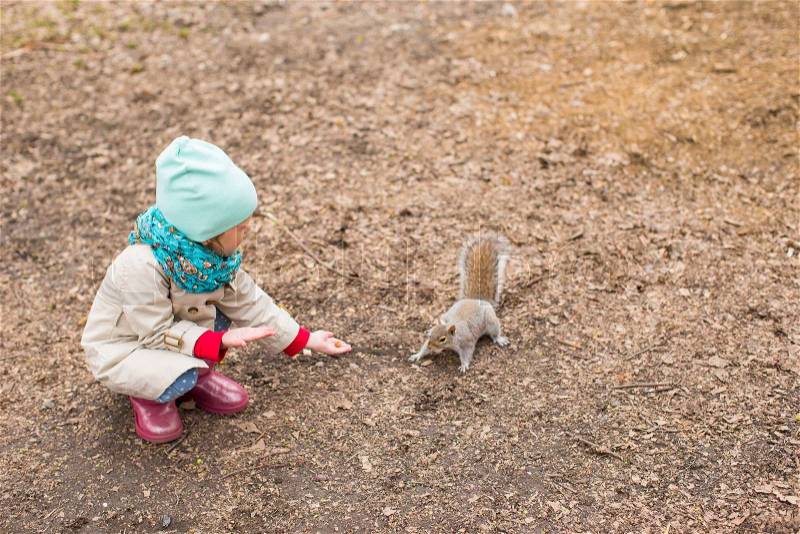 Little girl feeds a squirrel in Central park, New York, America, stock photo