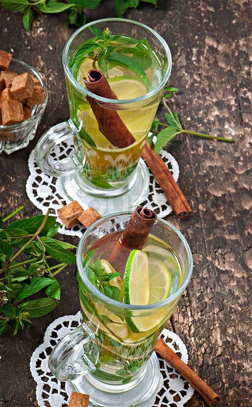Moroccan tea with mint, lime and cinnamon, stock photo
